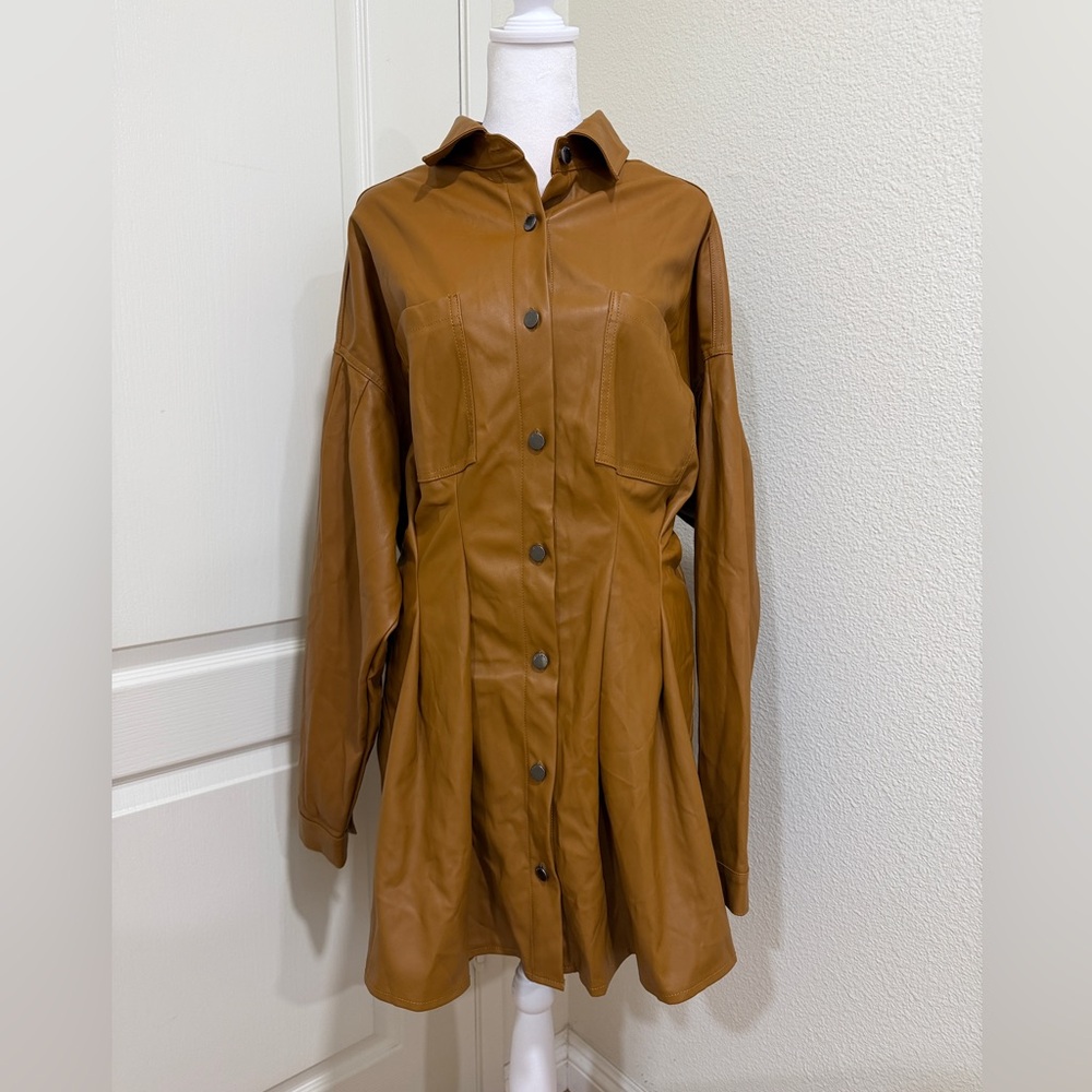 NWT Vibrant USA Faux Leather Shirt Dress Brown Button-Down Long Sleeve Size L